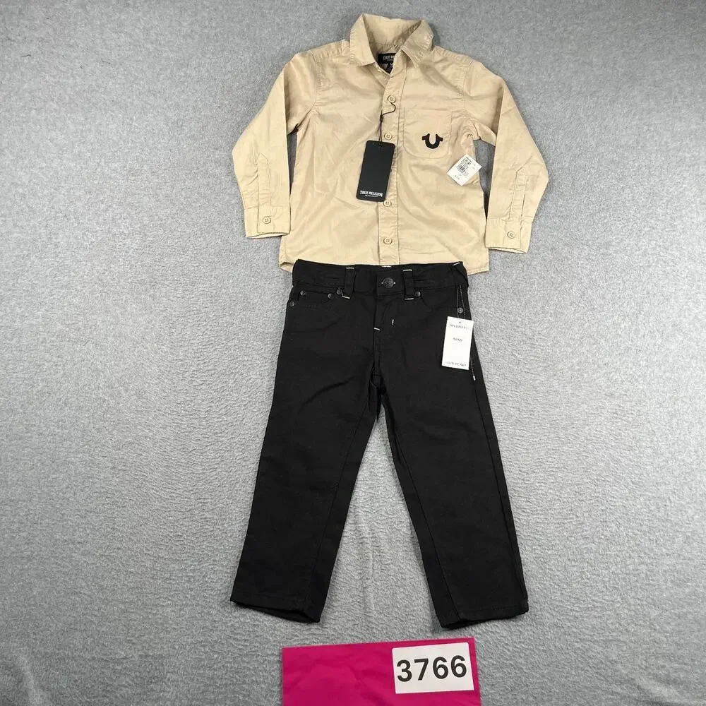 True Reliogion Kids 2 Piece 3T long Sleeve Button Up Black Pants New NWT